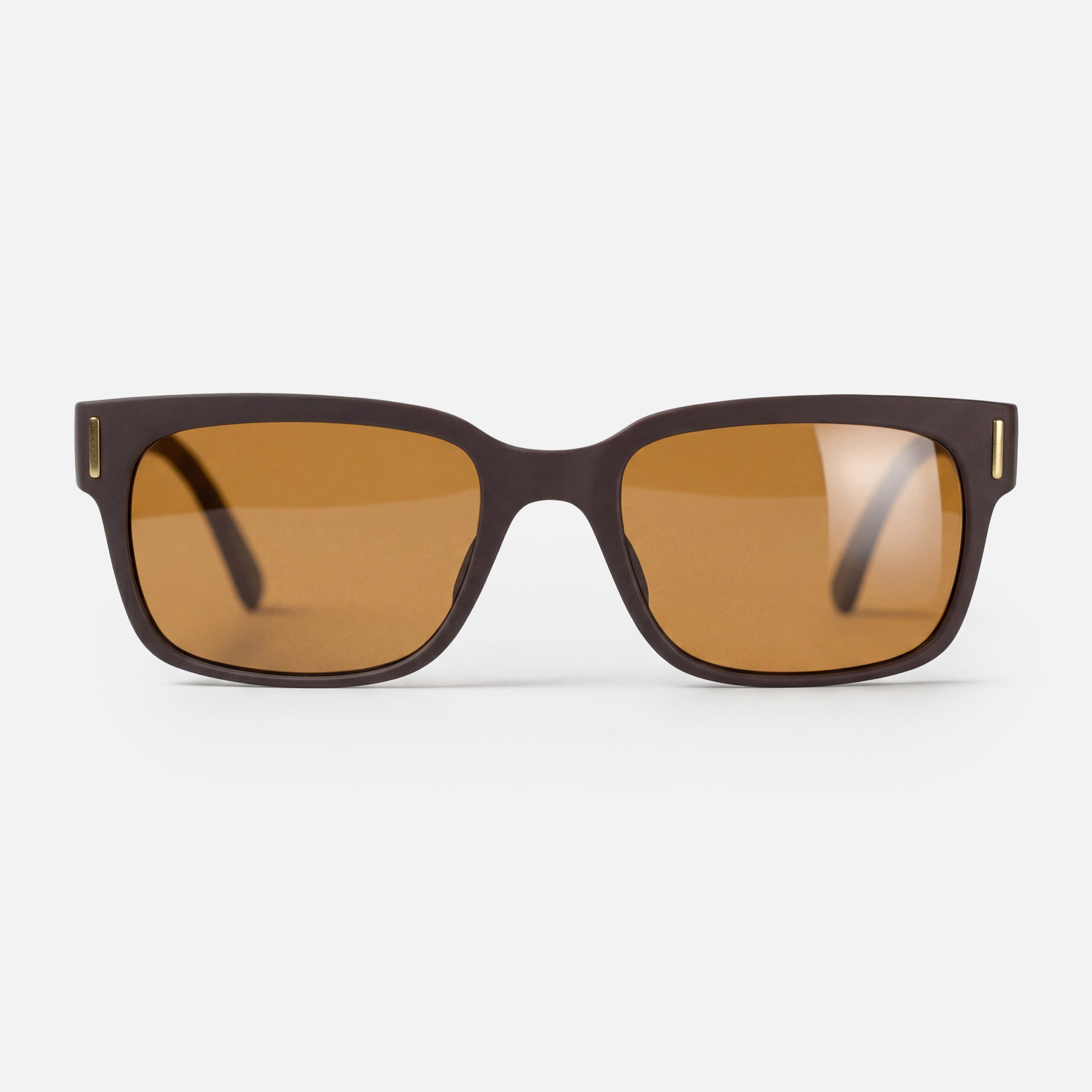 Matte dark brown square sunglasses with amber lenses and vertical gold accents on the temples.