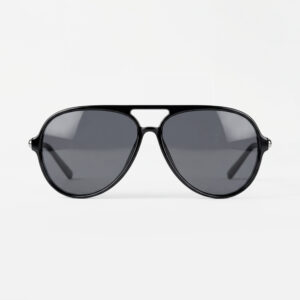 Glossy black aviator sunglasses with dark grey lenses and a bold double-bridge design.