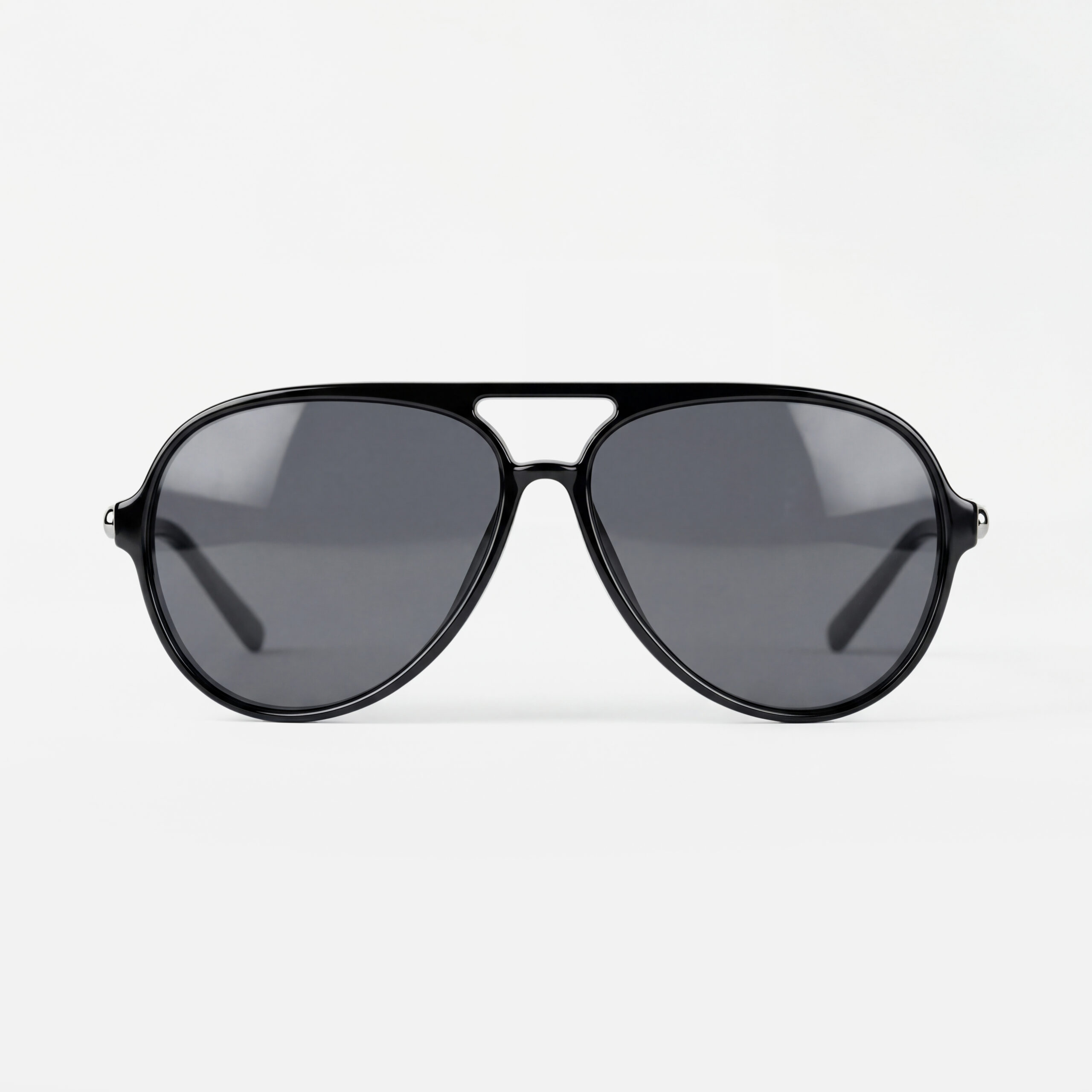 Glossy black aviator sunglasses with dark grey lenses and a bold double-bridge design.