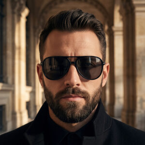 Glossy black aviator sunglasses with dark grey lenses.