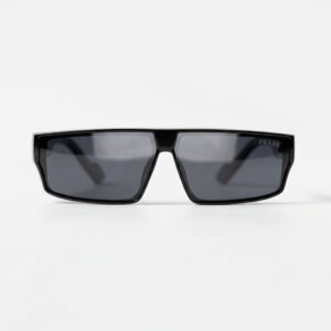 Glossy black rectangular sunglasses with dark lenses and a modern flat-top frame design.