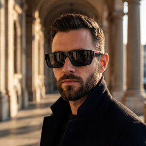 Glossy black rectangular sunglasses.