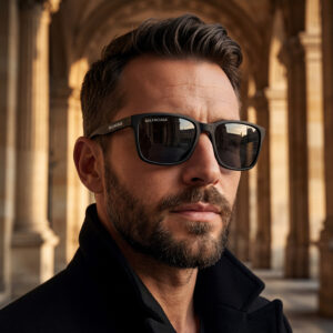 Matte black square sunglasses with dark lenses and a white Balenciaga logo