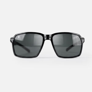 Glossy black square sunglasses with dark lenses and a silver DB monogram.