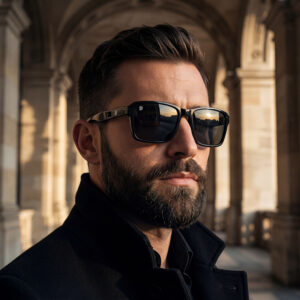 Glossy black square sunglasses with dark lenses