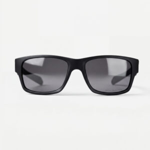 Matte black rectangular sunglasses with dark grey polarized lenses.