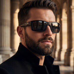 Matte black rectangular sunglasses with dark grey lenses.