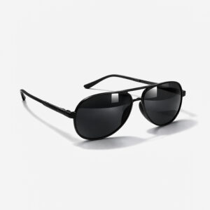 Matte black navigator sunglasses with a slim double bridge and solid dark lenses.