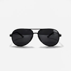 Matte black navigator sunglasses with a slim double bridge and solid dark lenses.