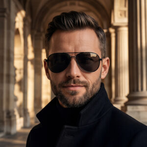 Matte black navigator sunglasses with a slim double bridge.