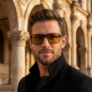 Dark brown square sunglasses with amber lenses
