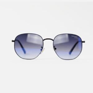 Slim black metal sunglasses with hexagonal frames and blue-to-violet gradient lenses.