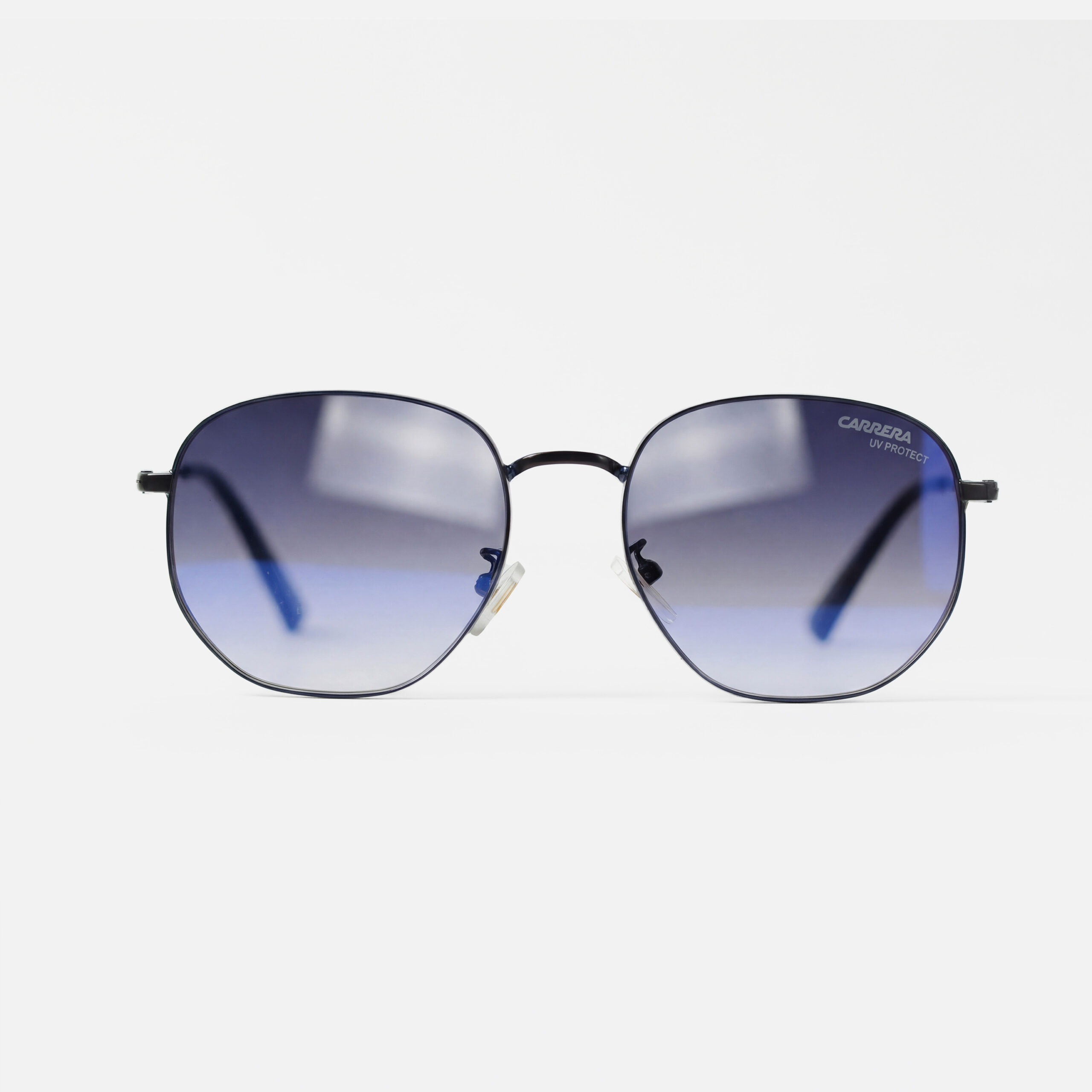 Slim black metal sunglasses with hexagonal frames and blue-to-violet gradient lenses.
