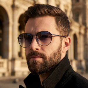 Glossy black rectangular sunglasses.