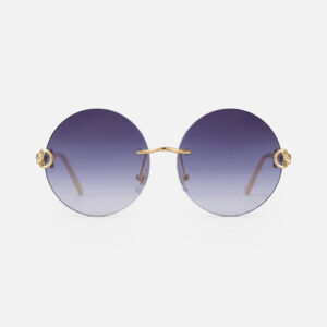 Rimless round sunglasses with purple gradient lenses and gold-tone trinity ring hardware.