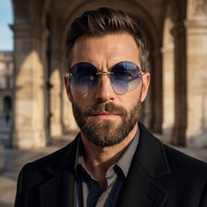 Rimless round sunglasses with purple gradient lenses and gold-tone trinity ring hardware.