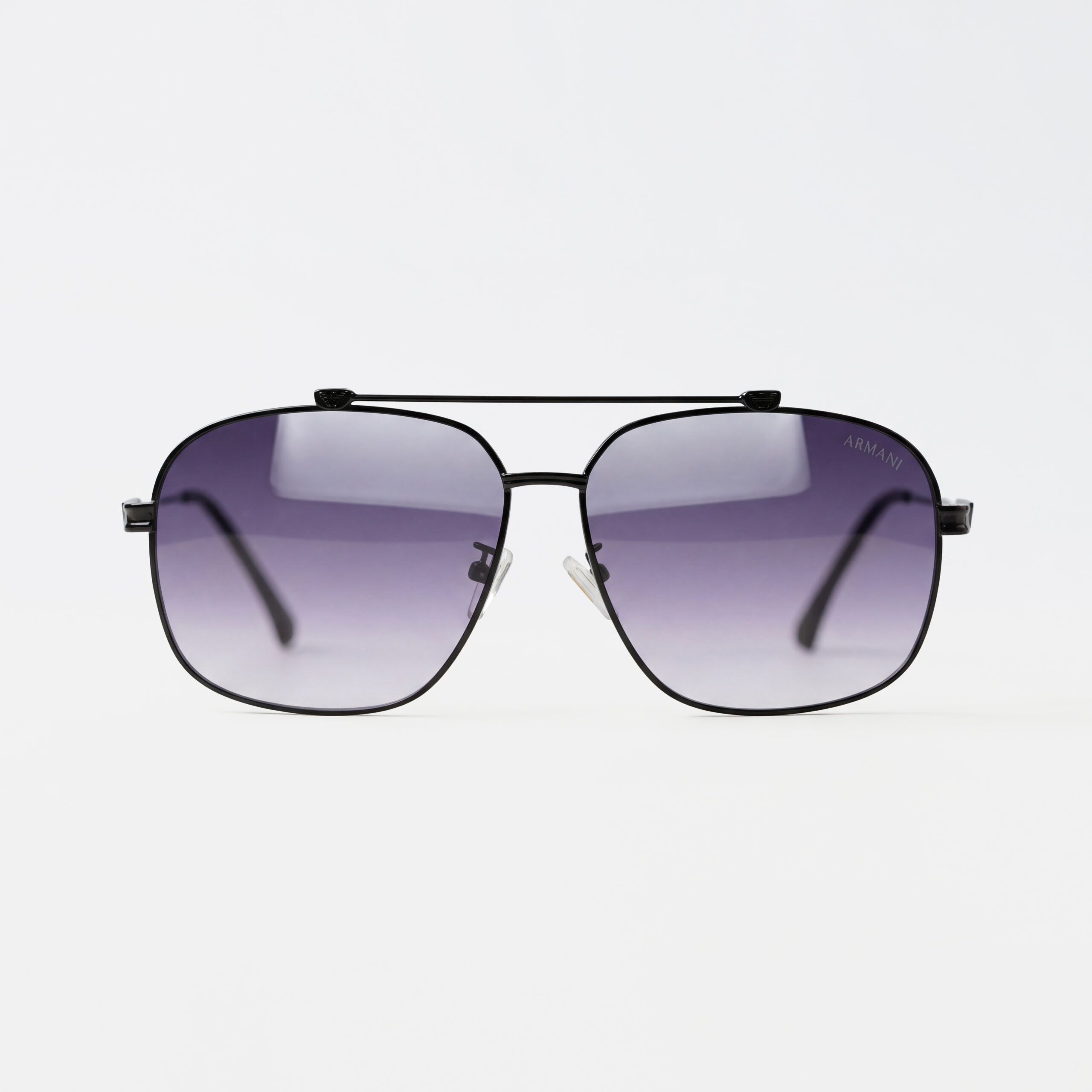 Matte black aviator sunglasses with a slim double bridge and violet gradient lenses.